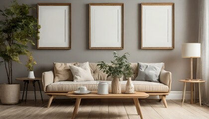 modern living room with 3 empty picture frames
