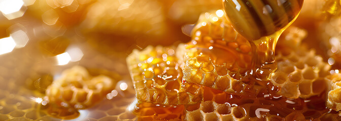 Honeycomb with honey drop - obrazy, fototapety, plakaty