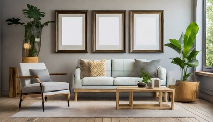 modern living room with 3 empty picture frames