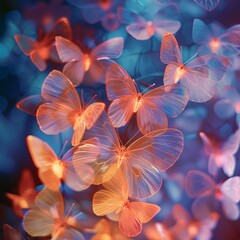 Fototapeta premium Neon, translucent butterflies in flight, soft focus, magical ambiance,