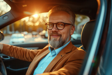 likeable businessman with suit and beard sits in the car at the steering wheel and smiles into the camera - topic company car and driver's license - 763840321