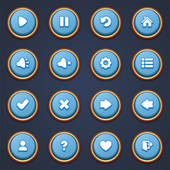 A collection of interface buttons showcasing various game controls like play, pause, and settings in a round design