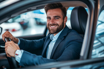 likeable businessman with suit and beard sits in the car at the steering wheel and smiles into the camera - topic company car and driver's license - obrazy, fototapety, plakaty