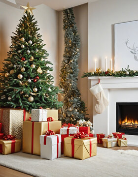 Christmas tree and gift boxes near the cozy fireplace in the traditional living interior colorful background