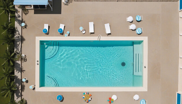 Overhead image of a swimming pool on a sunny, hot summer day on vacation colorful background