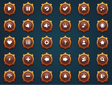 An array of glossy orange buttons with standard interface icons, serving various user interaction needs in apps