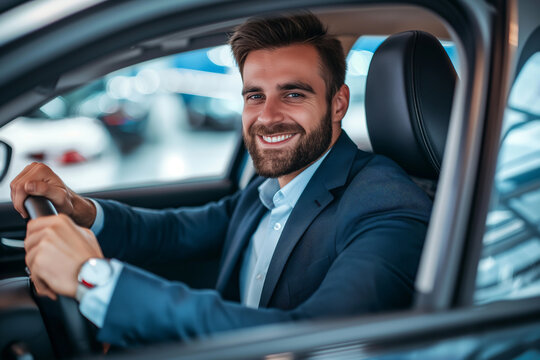 likeable businessman with suit and beard sits in the car at the steering wheel and smiles into the camera - topic company car and driver's license