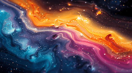 Colorful abstract background with swirling liquid and glitter in a cosmic space theme; The colors include blue, orange, purple, yellow, pink, red, green, and black