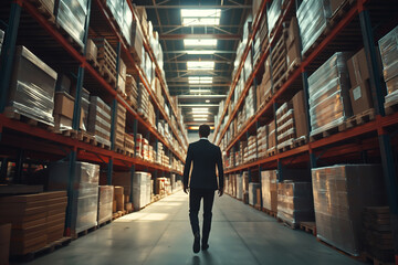 Businessman walking through a large logistics warehouse or goods center with high shelves - Topic trade and logistics center - 763840569