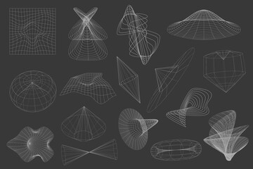 Retro futuristic y2k geometry design elements collection. 3d shapes, wireframe, cyberpunk windows and perspective grids. Aesthetic y2k geometric elements and wireframe shapes