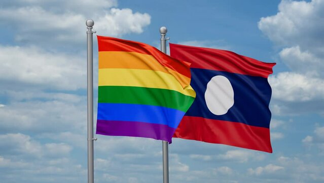 Laos and LGBT movement flag also Gay Pride  two flags waving together, looped video, two country relations concept