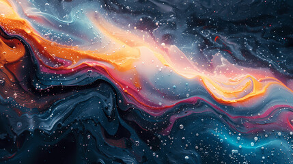 Abstract background with swirling liquid colors and bubbles, space theme, cosmic art style, digital painting;  vibrant patterns of orange, blue, purple, pink, red, and yellow against the dark backdrop