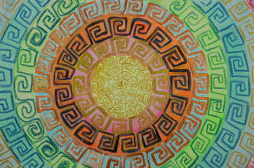 Geometric square ancient greek pattern in circle. The dabbing technique near the edges gives a soft focus effect due to the altered surface roughness of the paper. - 763840770