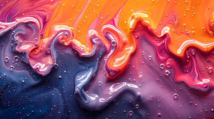 Abstract background with colorful liquid paint waves; Orange, red, pink and purple colors, bubbles on surface;  A closeup of swirling,