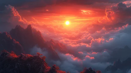 Zelfklevend Fotobehang Sunlight bathes a rugged mountain landscape in a fiery glow, as clouds meander through peaks at sunset. This breathtaking scene captures the dramatic beauty of nature's artistry. © Zhanna