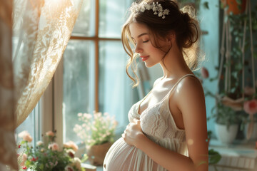 Happy pregnant woman in a white negligee stands by the window in the rays of the sun, pregnancy concept - 763840967