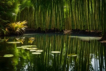 Tranquil mini pond surrounded by tall bamboo shoots, creating a serene atmosphere with the sound of...