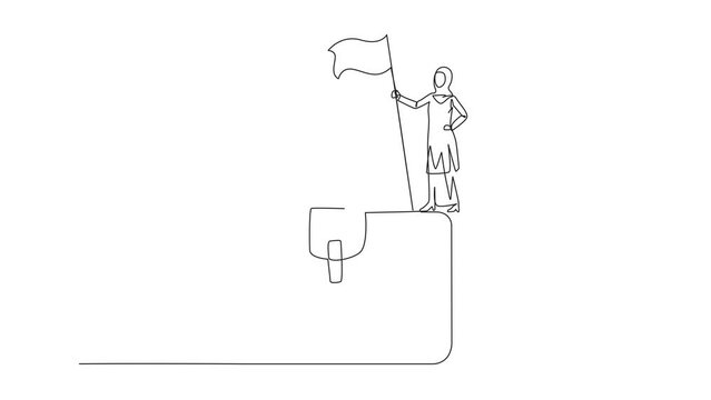 Animation of one line drawing of Continuous one line drawing of Arabian businesswoman standing on giant briefcase holding flag. Going on a business trip to find newer ideas. Full length motion