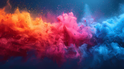 Colorful powder explosion against a blue background, with vibrant colors and a smoke effect; Dust clouds; High resolution 