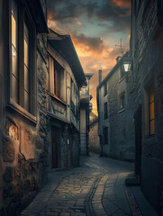 Twilight Hues on Stone Path. Twilight casts a serene glow on a cobblestone alley in an ancient European town, the sky ablaze with dawn's first light.