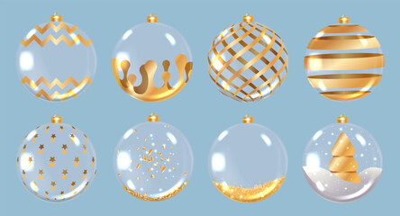 Christmas ornaments ball. Set Transparent glass Christmas balls empty and with snow. 3d xmas tree decoration