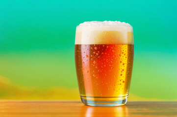 Glass of beer close-up on colorful bright blurred background. Place for text. Generative AI.