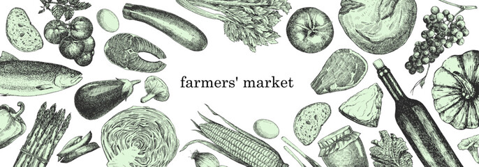 Farmers' Market. Hand-drawn illustration of Food. Ink. Vector	