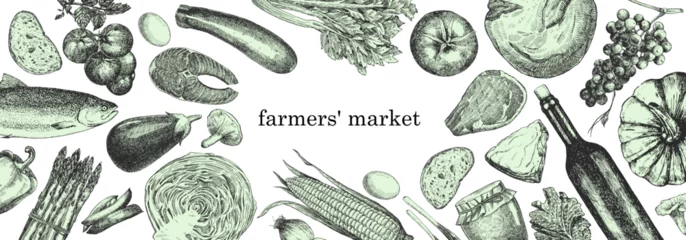 Foto op Plexiglas Farmers' Market. Hand-drawn illustration of Food. Ink. Vector  © Victoria Novak