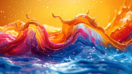 Colorful waves of liquid paint flowing over the water surface; Abstract background; 3D rendering; Vibrant colors
