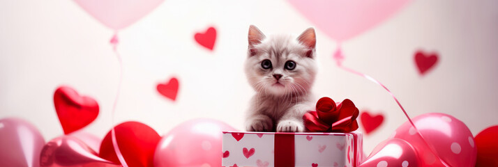 Fototapeta na wymiar Cute kitten with a red and pink heart shaped balloons and a gift box. Valentine's Day, Women's Day design concept.