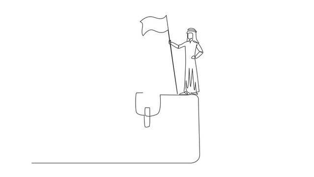 Animation of one line drawing of continuous one line drawing of young Arabian businessman standing on giant briefcase holding flag. Going on a business trip to find newer ideas. Full length motion