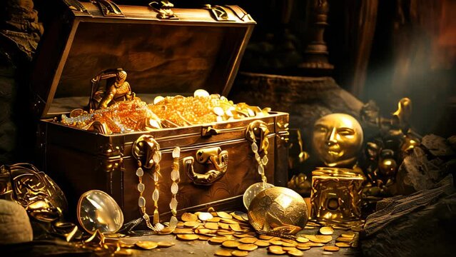 Old wooden treasure chest with gold coins and gems in a hidden cave