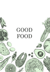 Healthy Food. Hand-drawn illustration of Food. Ink. Vector	