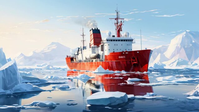 Icebreaker ship in the North Sea, among ice floes