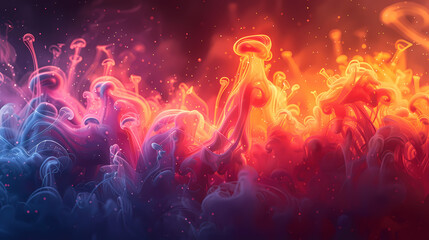 Abstract background with colorful smoke and jellyfishes in the style of dark red, orange, pink and blue; Beautiful wallpaper