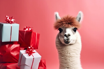 Cute llama with gift box and heart shaped balloons. Romantic alpaca. Happy valentines day card.