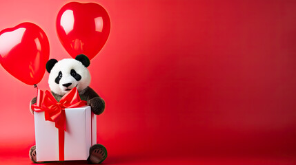 Adorable panda bear with gif box and red heart shaped balloons. Valentine's Day holiday, Women's Day design concept.