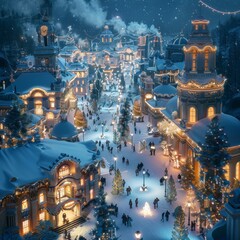 A festive winter village glows under a starry night sky, with snow-covered streets bustling with holiday activity. Ornate buildings and sparkling decorations create a magical, yuletide atmosphere.
