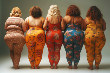 Group of fat multi ethnic plus size women in tight clothes, fashion models of different nationalities, fat obese body, back view, weight loss concept - 763842381