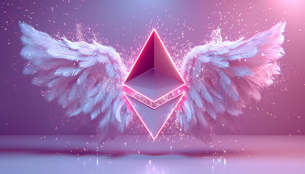 Ethereum with white wings flying. Bitcoin network icon on black background, metaverse internet social online technology, digital cryptocurrency coin Silver ETH coin