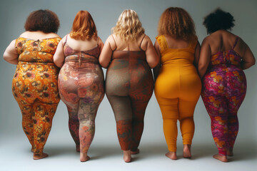 Group of fat multi ethnic plus size women in tight clothes, fashion models of different nationalities, fat obese body, back view, weight loss concept - 763842508