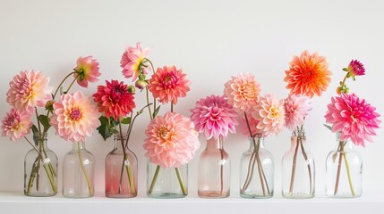 Dalias in the transparent vases arranged in a row