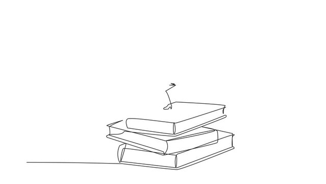Animation of single one line drawing of businesswoman standing on stacks of giant books raising flag. Reading improves her skills in business to become a successful entrepreneur. Full length motion