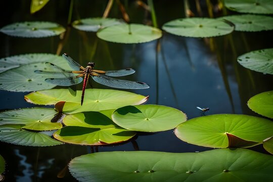 A close-up photograph of a miniature pond with lily pads and a lone dragonfly perched on a leaf.
