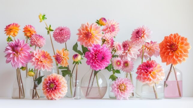 Dalias in the transparent vases arranged in a row