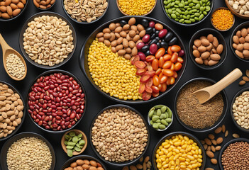 colorful legumes and cereals in black bowls colorful background