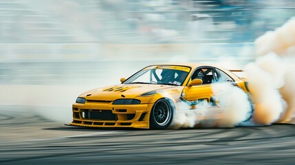 A professional drift racer executing a perfect sideways slide around a hairpin turn, with smoke billowing from the tires. - obrazy, fototapety, plakaty