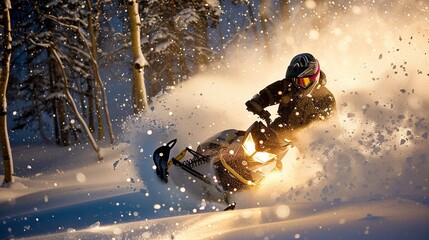 A snowmobile rider carving through fresh powder in a winter wonderland, with snowflakes glistening in the air.