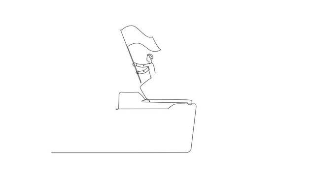 Animation of one line drawing of a young businessman standing on a giant folder icon raising a flag. Be a champion. Full length motion