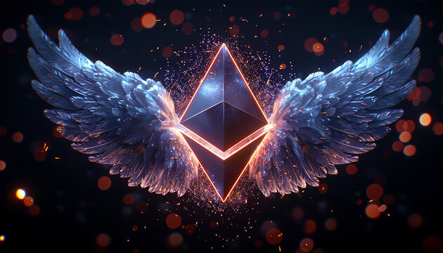 Ethereum with white wings flying. Bitcoin network icon on black background, metaverse internet social online technology, digital cryptocurrency coin Silver ETH coin